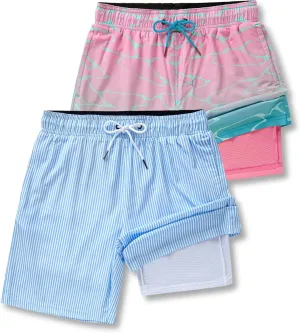 2 Pack: Men's 7" Swim Trunks with Compression Liner, Quick Dry Stretch Swimming Shorts Bathing Suits Swimwear