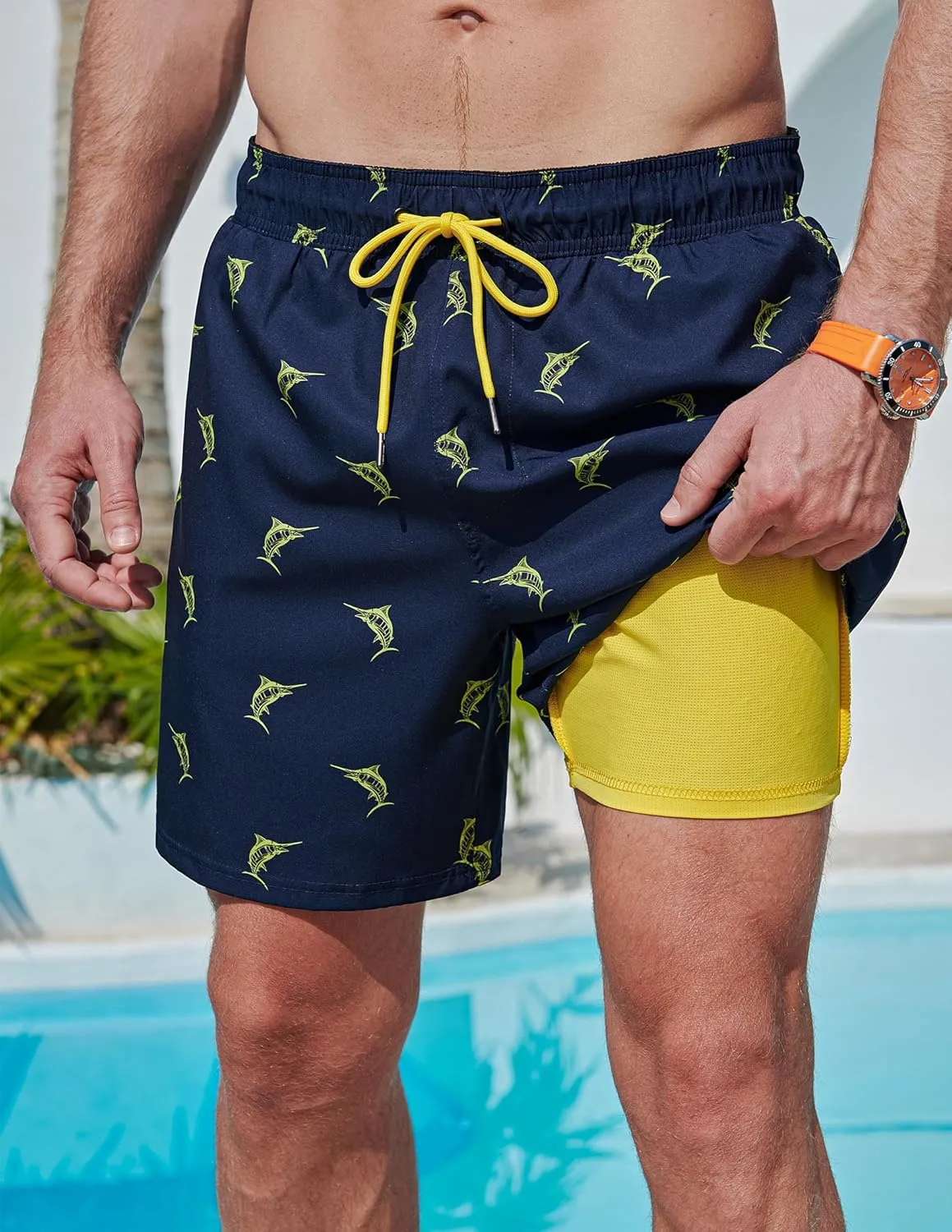2 Pack: Men's 7" Swim Trunks with Compression Liner, Quick Dry Stretch Swimming Shorts Bathing Suits Swimwear
