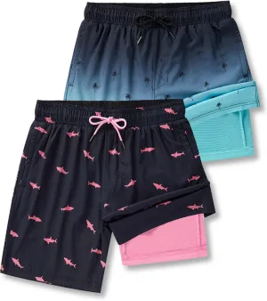 2 Pack: Men's 7" Swim Trunks with Compression Liner, Quick Dry Stretch Swimming Shorts Bathing Suits Swimwear