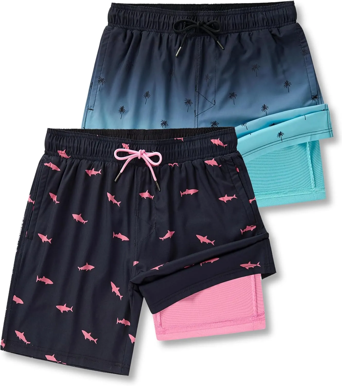 2 Pack: Men's 7" Swim Trunks with Compression Liner, Quick Dry Stretch Swimming Shorts Bathing Suits Swimwear