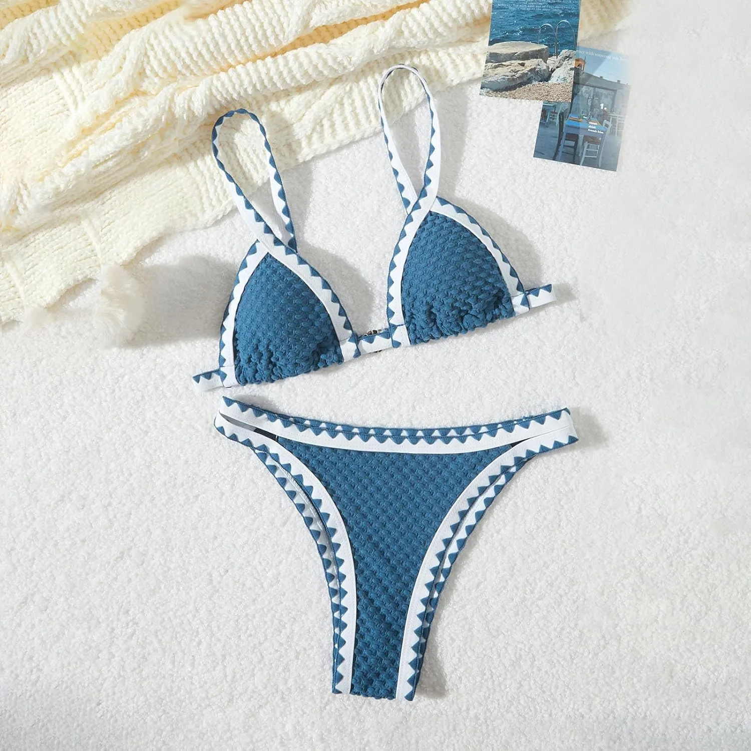 2 Piece Bikini Set High Leg Cut Double Triangle Halter Swimsuit Textured Backless Swimwear Printed Solid Color