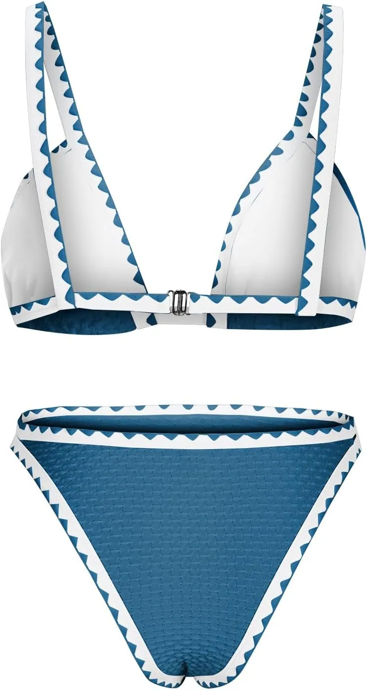 2 Piece Bikini Set High Leg Cut Double Triangle Halter Swimsuit Textured Backless Swimwear Printed Solid Color