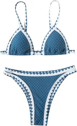 2 Piece Bikini Set High Leg Cut Double Triangle Halter Swimsuit Textured Backless Swimwear Printed Solid Color