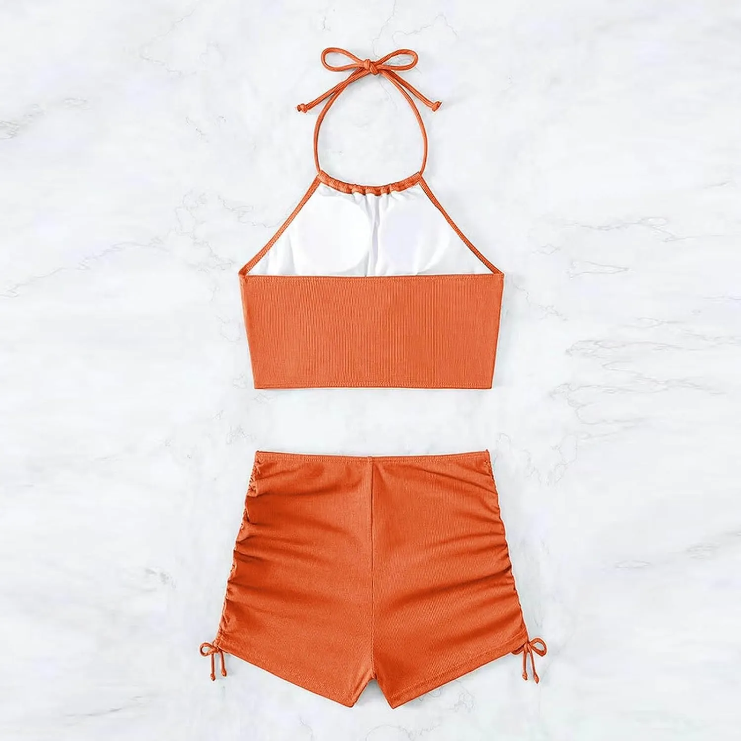 2 Piece Swimsuit for Women High Waisted Shorts Tummy Control Strap Cut Out Halter Bikini Sets Double Drawstring