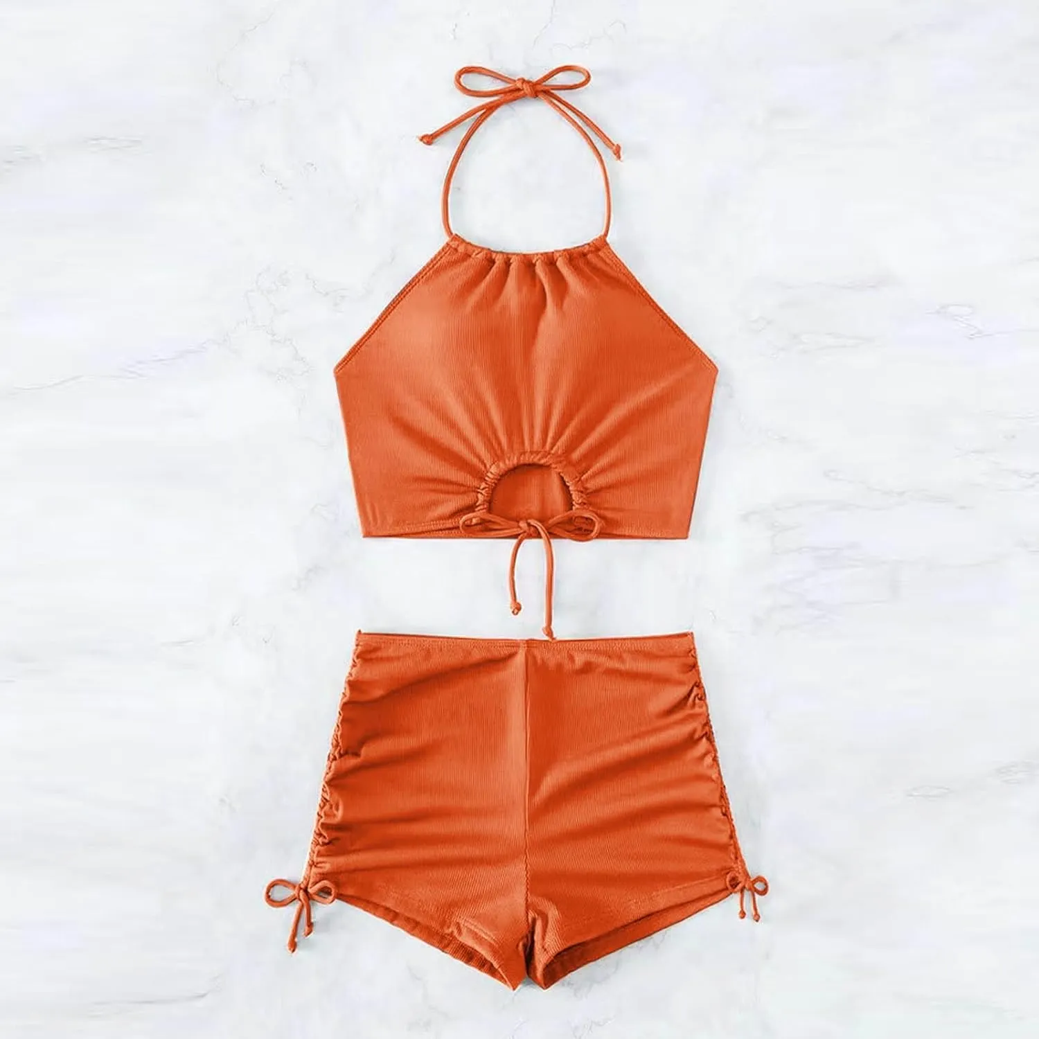 2 Piece Swimsuit for Women High Waisted Shorts Tummy Control Strap Cut Out Halter Bikini Sets Double Drawstring