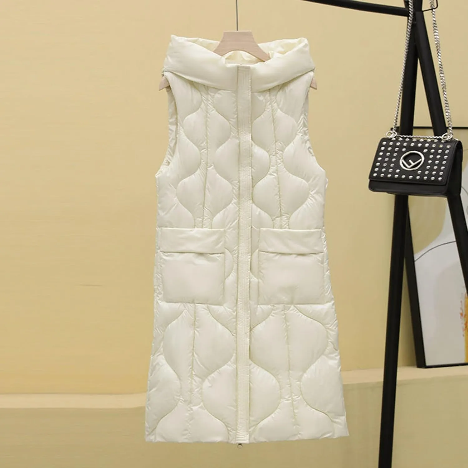 2024 Long Puffer Jacket Vest for Women Lightweight Warm Quilted Coat Fashion Zip Up Sleeveless Padded Coats with Pocket