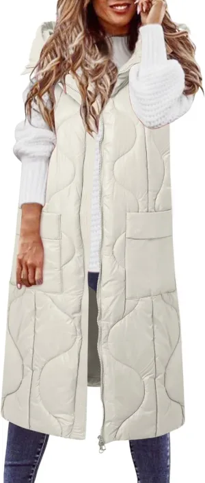 2024 Long Puffer Jacket Vest for Women Lightweight Warm Quilted Coat Fashion Zip Up Sleeveless Padded Coats with Pocket