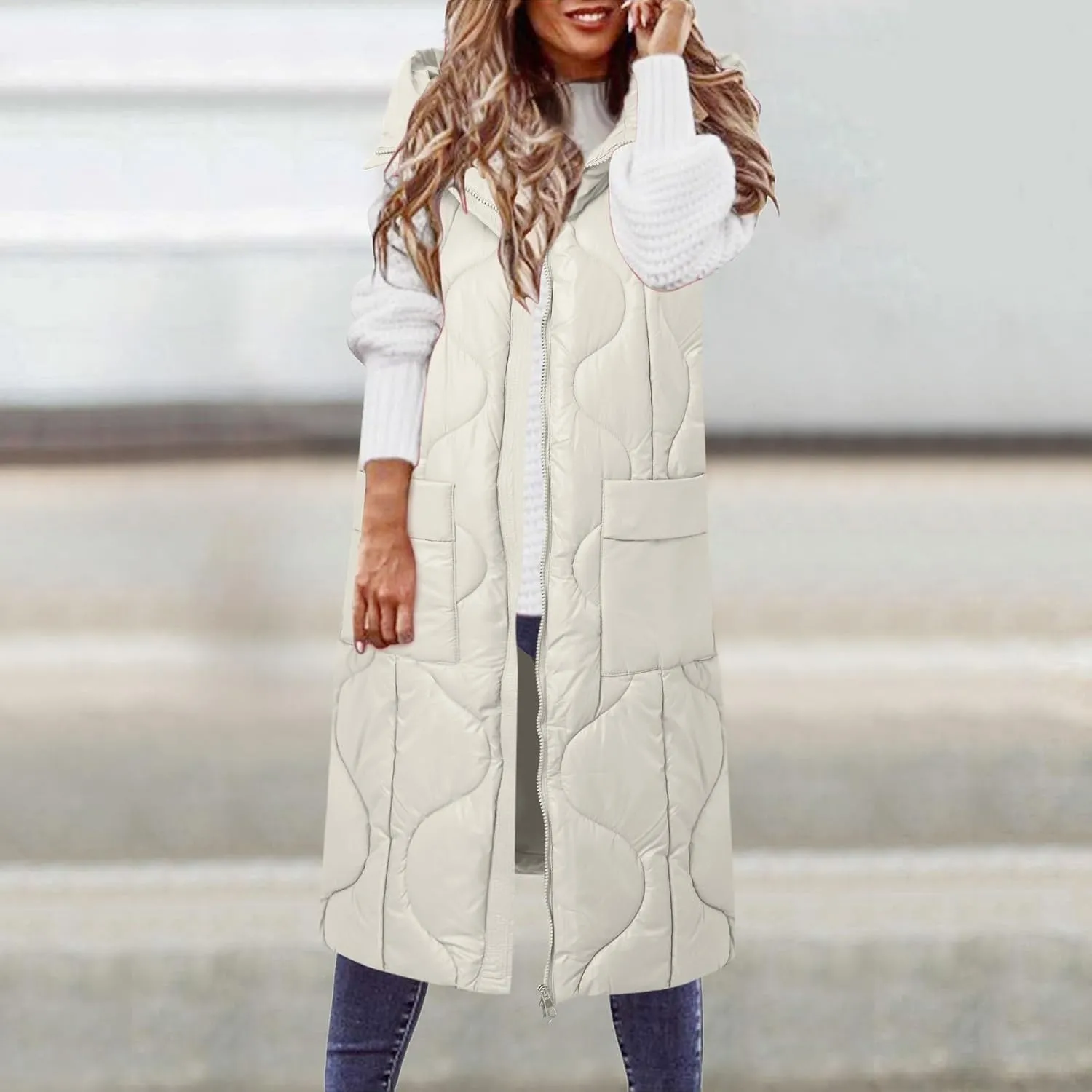 2024 Long Puffer Jacket Vest for Women Lightweight Warm Quilted Coat Fashion Zip Up Sleeveless Padded Coats with Pocket