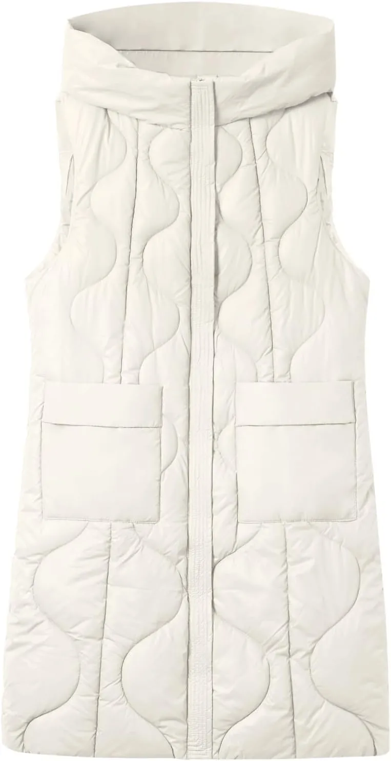 2024 Long Puffer Jacket Vest for Women Lightweight Warm Quilted Coat Fashion Zip Up Sleeveless Padded Coats with Pocket