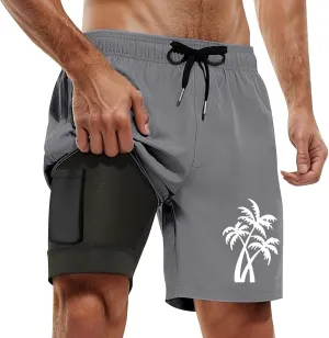 7 Inch Mens Swim Trunks with Compression Liner Board Shorts with Zippered Pocket Bathing Suit for Beach Vacation
