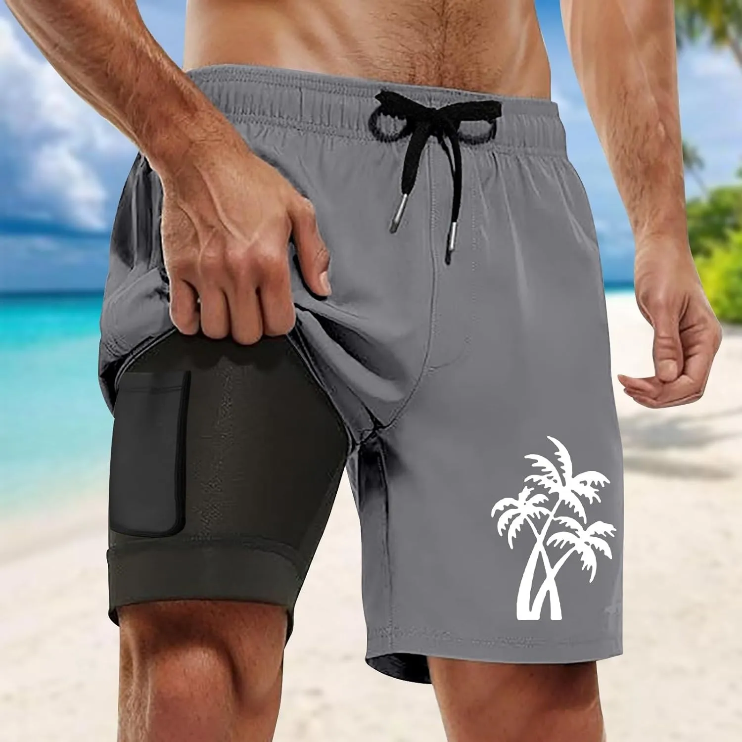 7 Inch Mens Swim Trunks with Compression Liner Board Shorts with Zippered Pocket Bathing Suit for Beach Vacation