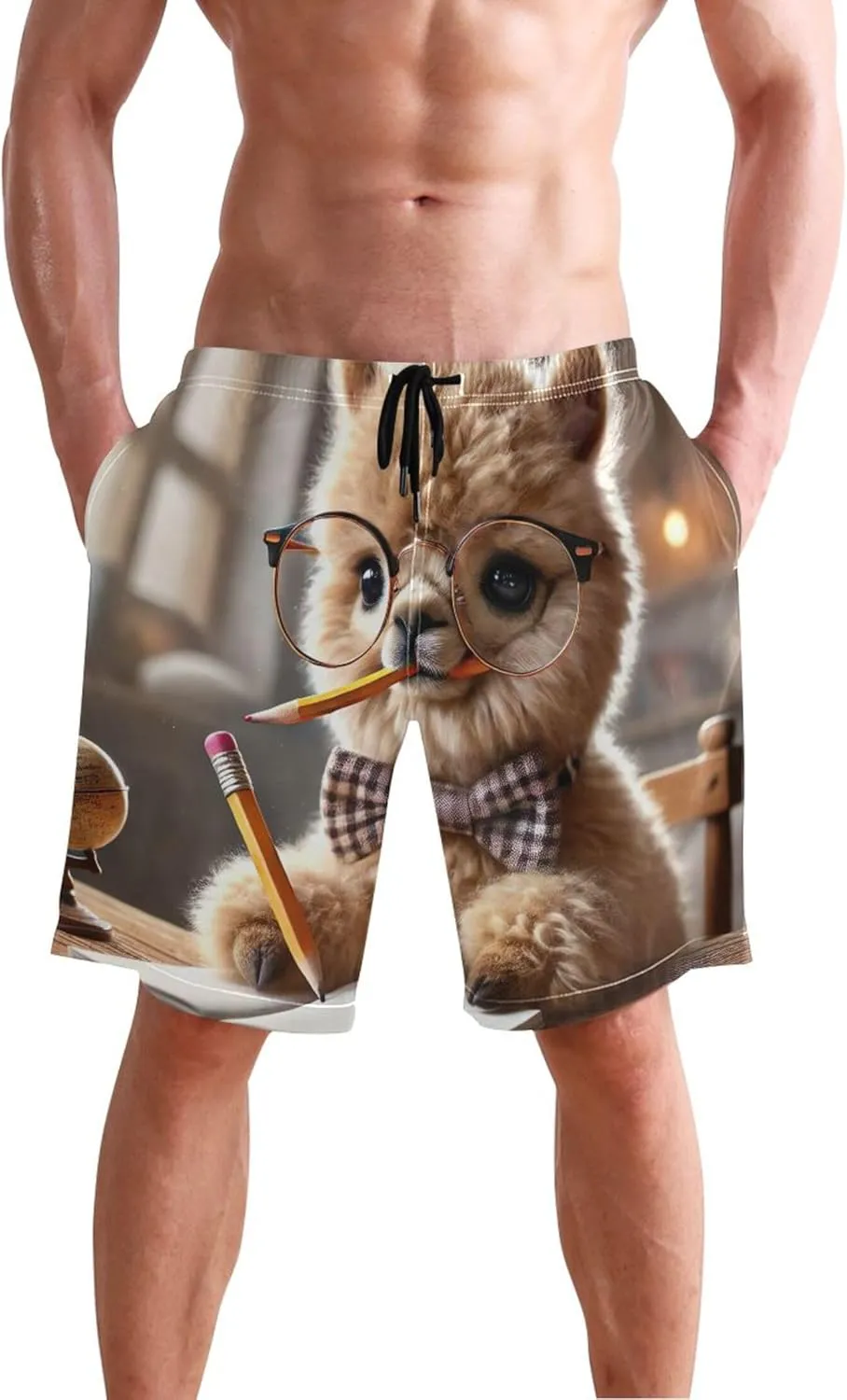 Adorable Alpaca Scholar Book Mens Swimming Shorts Custom Swim Trunks for Men Quick Dry Bathing Shorts S