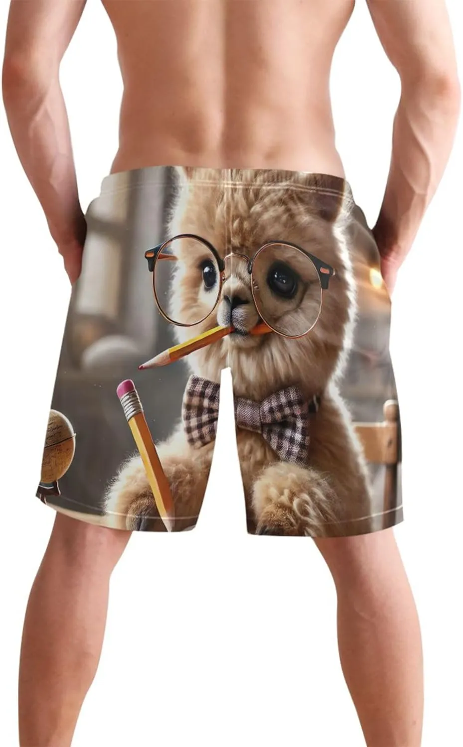 Adorable Alpaca Scholar Book Mens Swimming Shorts Custom Swim Trunks for Men Quick Dry Bathing Shorts S