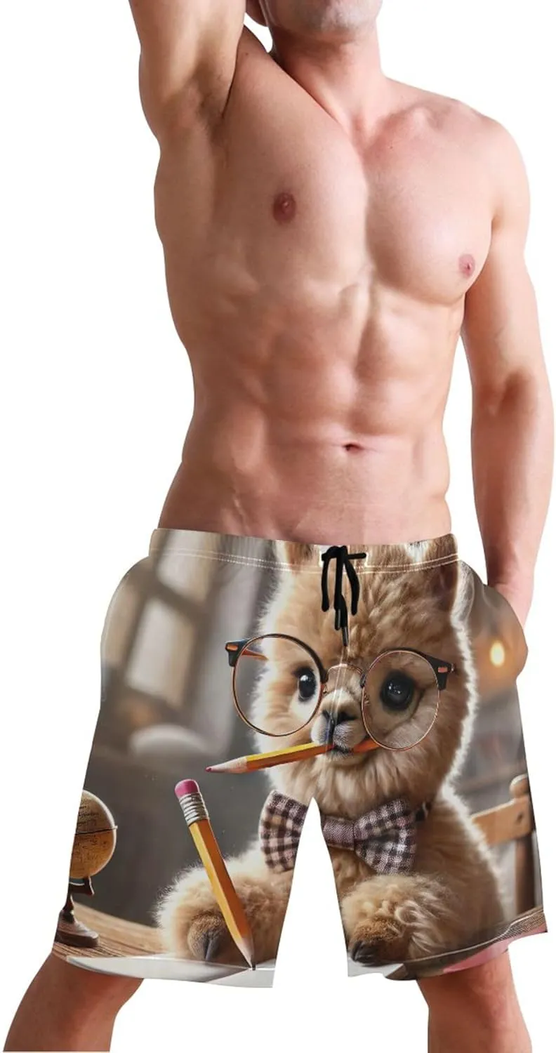 Adorable Alpaca Scholar Book Mens Swimming Shorts Custom Swim Trunks for Men Quick Dry Bathing Shorts S