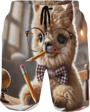 Adorable Alpaca Scholar Book Mens Swimming Shorts Custom Swim Trunks for Men Quick Dry Bathing Shorts S
