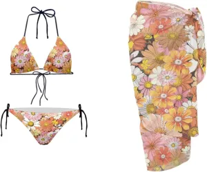 AFPANQZ Bikini & Sarong Set - Swimwear with Self-Tie Wrap Skirt, Sun Protective Quick Dry Swimwear for Hawaii Vacations