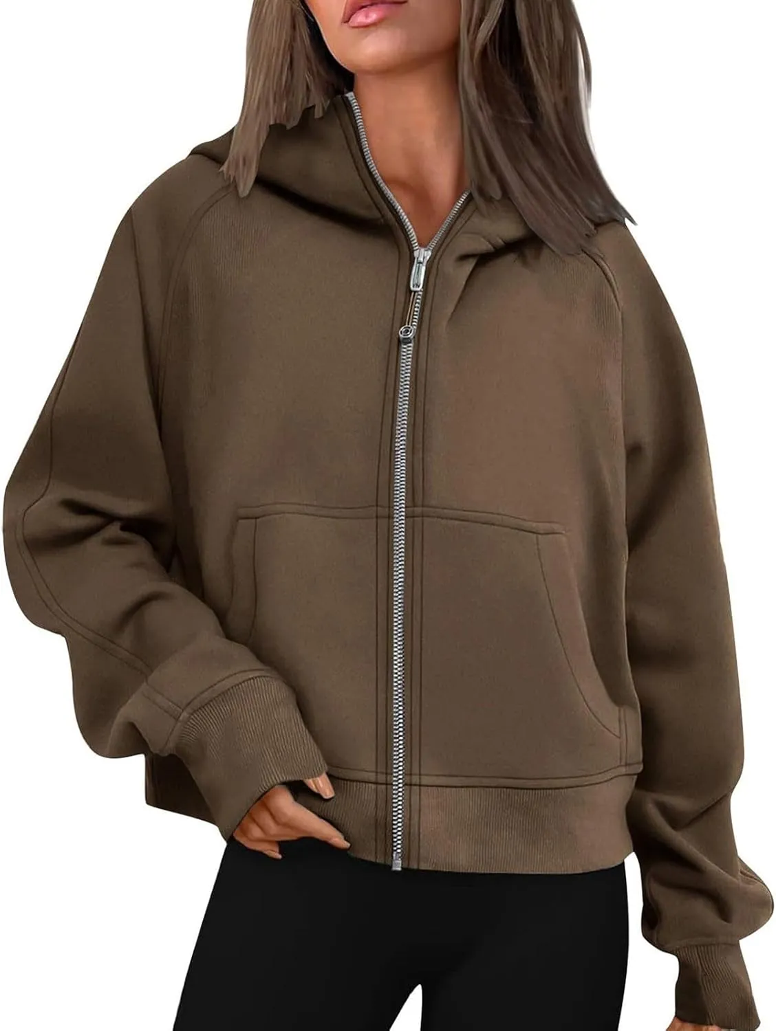 Akklian Womens Full Zip Up Cropped Hoodies Fleece Oversized Sweatshirt Fashion Jackets Coat Y2K Fall Preppy Teen Girl Clothes