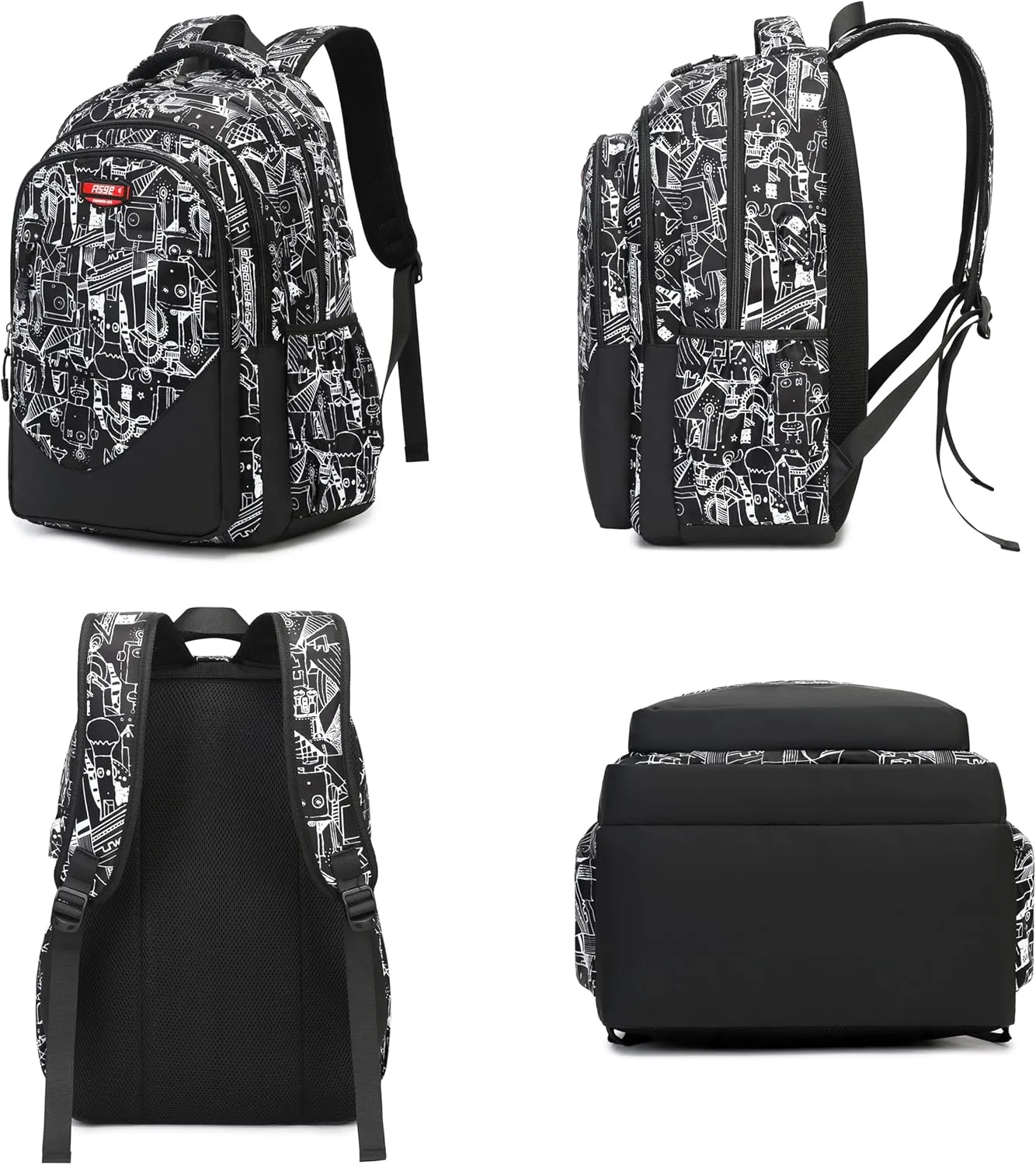 Asge Large Nylon Backpacks for Boys & Girls, Waterproof Satchel with Print, School Bags for 8-16 Years
