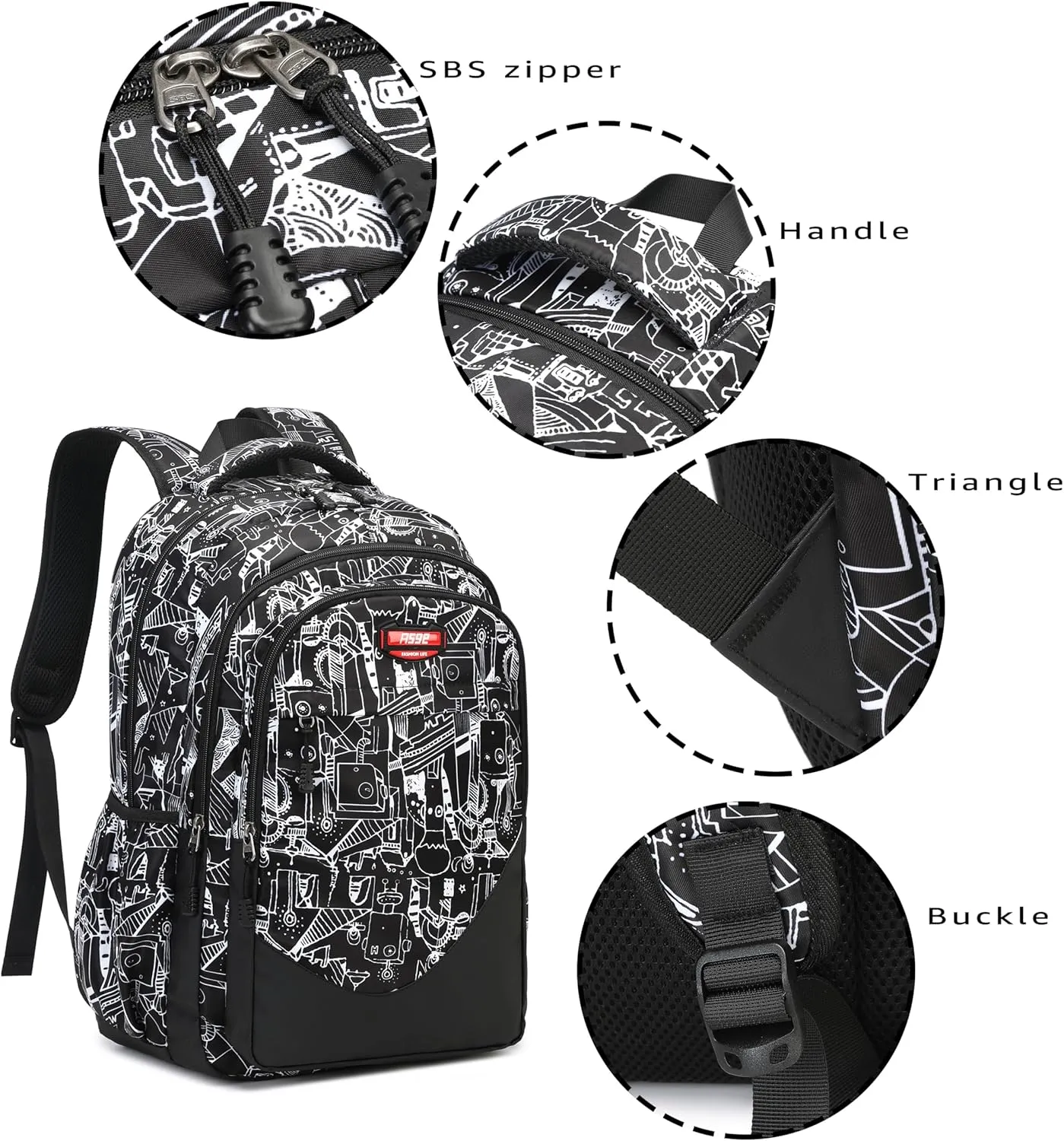 Asge Large Nylon Backpacks for Boys & Girls, Waterproof Satchel with Print, School Bags for 8-16 Years