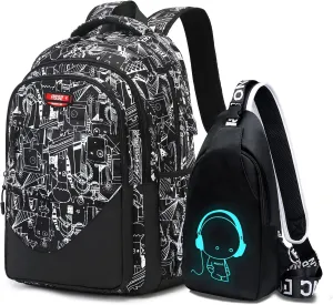 Asge Large Nylon Backpacks for Boys & Girls, Waterproof Satchel with Print, School Bags for 8-16 Years