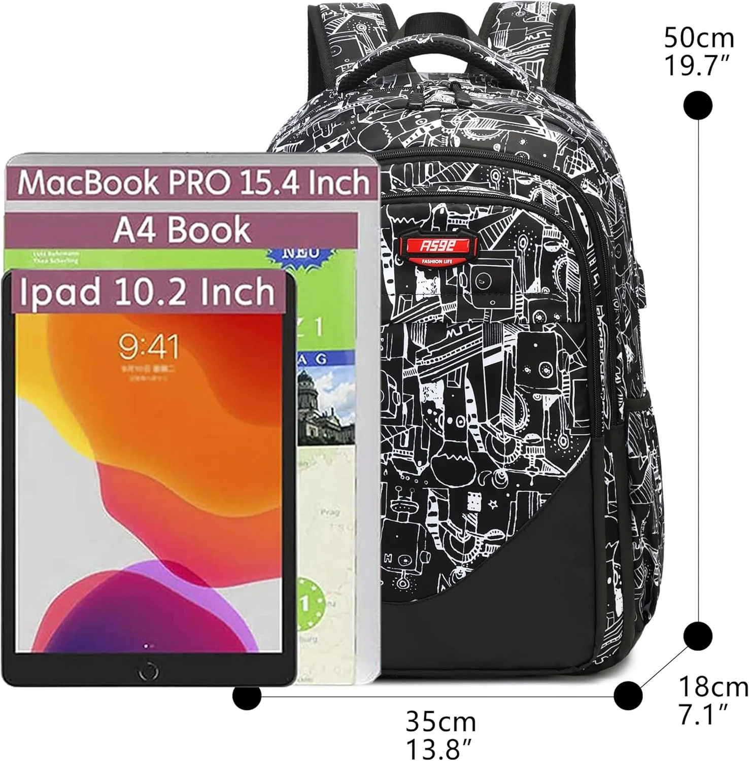Asge Large Nylon Backpacks for Boys & Girls, Waterproof Satchel with Print, School Bags for 8-16 Years