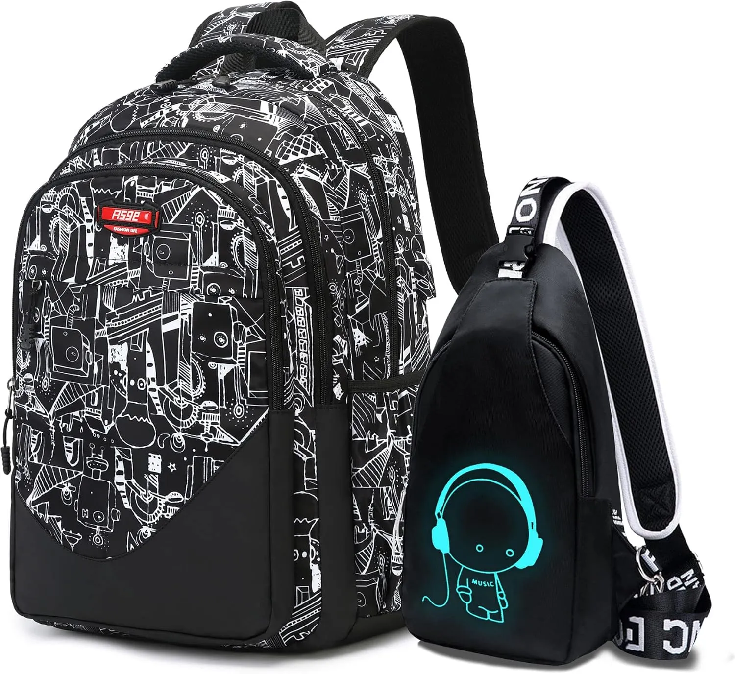 Asge Large Nylon Backpacks for Boys & Girls, Waterproof Satchel with Print, School Bags for 8-16 Years