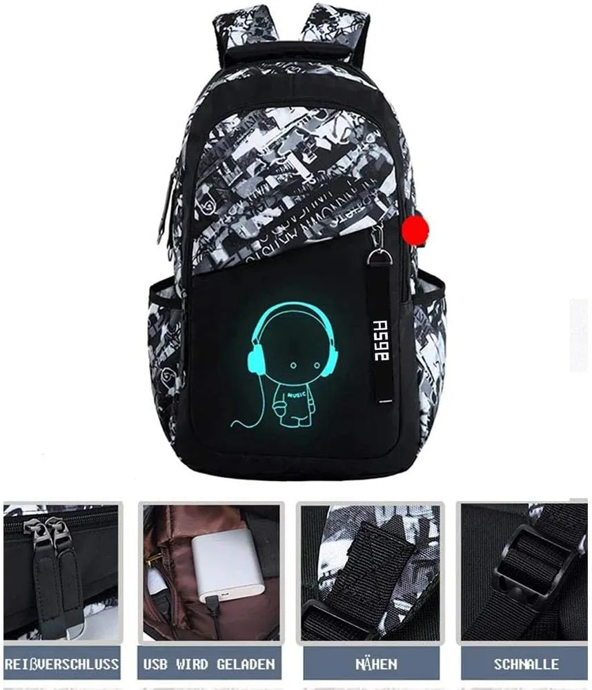 Asge School Backpack for Boys Print Backpack Teenagers Nylon Large School Bag Outdoor Reflective Daypack