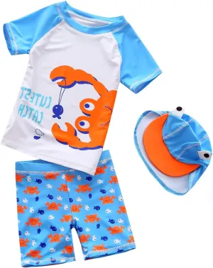 Baby Toddler Boys Two Pieces Swimsuit Set Swimwear Dinosaur Bathing Suit Rash Guards with Hat UPF 50 