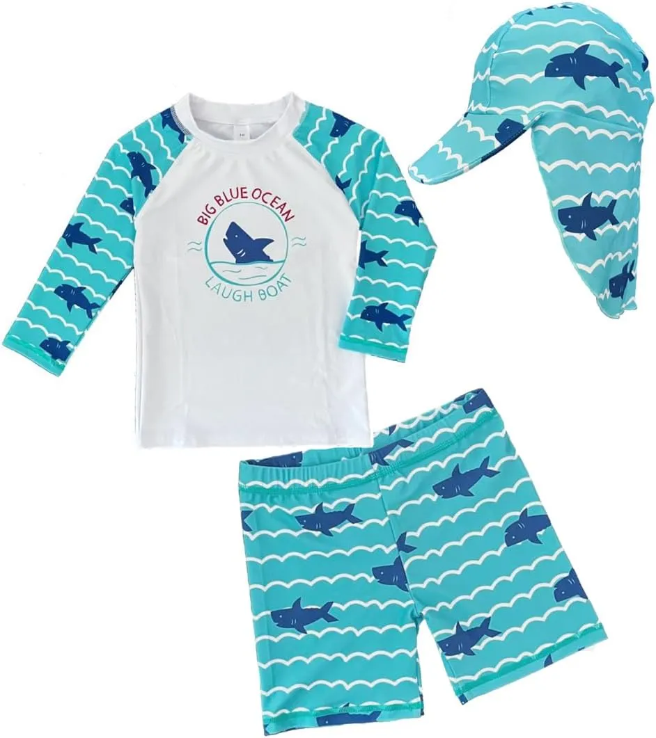 Baby Toddler Boys Two Pieces Swimsuit Set Swimwear Dinosaur Bathing Suit Rash Guards with Hat UPF 50 