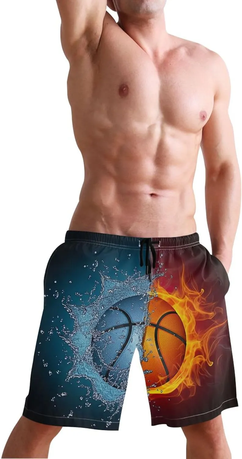Basketball Split Water Fire Mens Swimming Shorts Mens Swim Trunks Funny Hawaiian Bathing Suit Quick Dry S