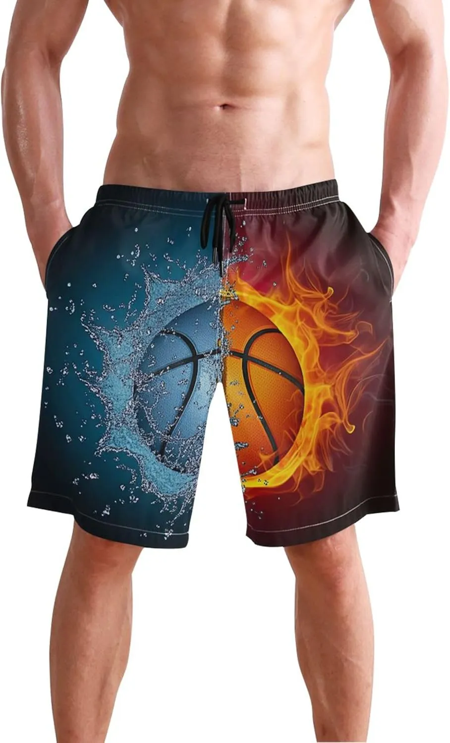 Basketball Split Water Fire Mens Swimming Shorts Mens Swim Trunks Funny Hawaiian Bathing Suit Quick Dry S