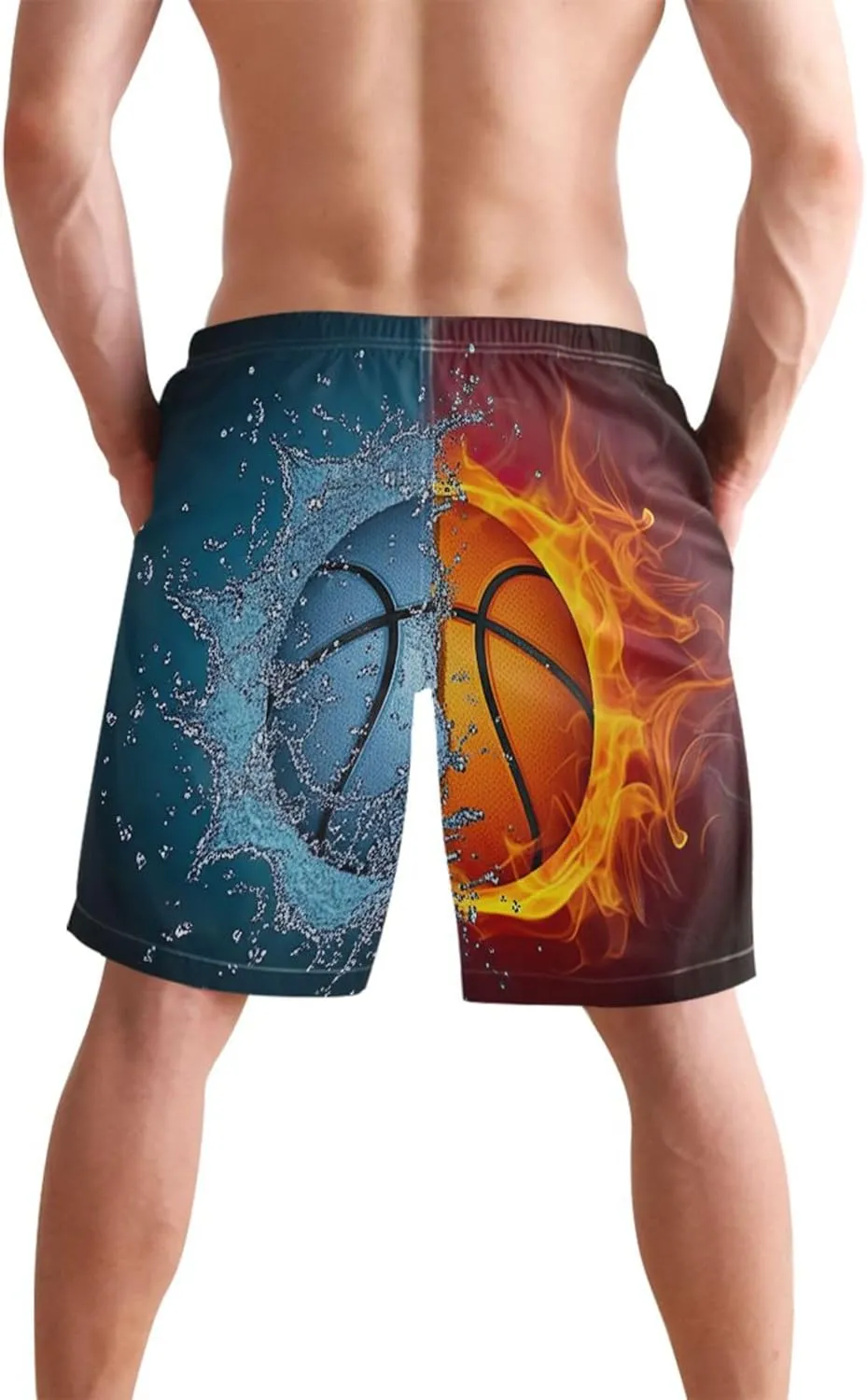 Basketball Split Water Fire Mens Swimming Shorts Mens Swim Trunks Funny Hawaiian Bathing Suit Quick Dry S