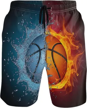 Basketball Split Water Fire Mens Swimming Shorts Mens Swim Trunks Funny Hawaiian Bathing Suit Quick Dry S