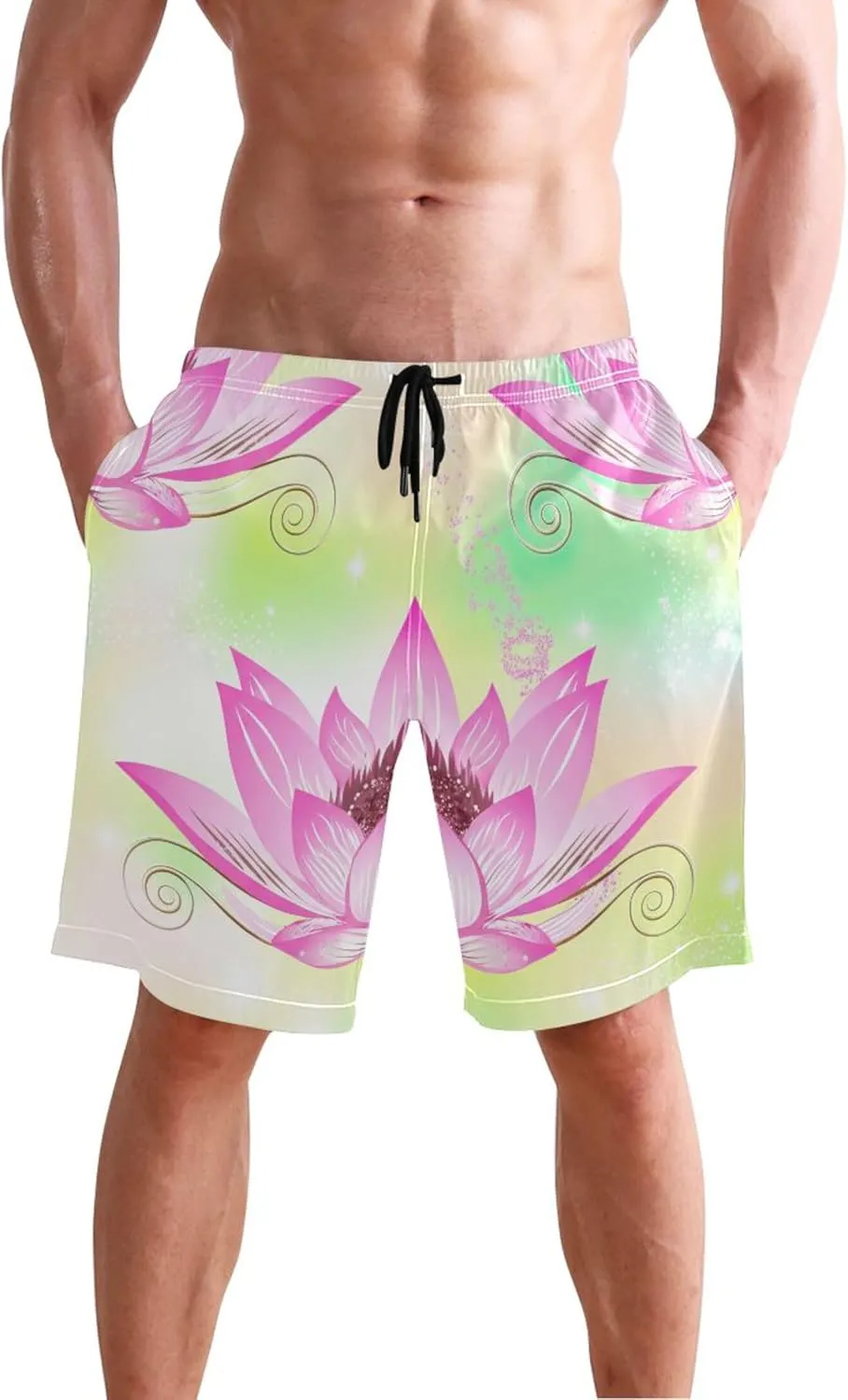 Beautiful Pink Lotus Flower Men's Swim Trunks Funny Quick Dry Elastic Waist Surf Board Swimming Shorts S