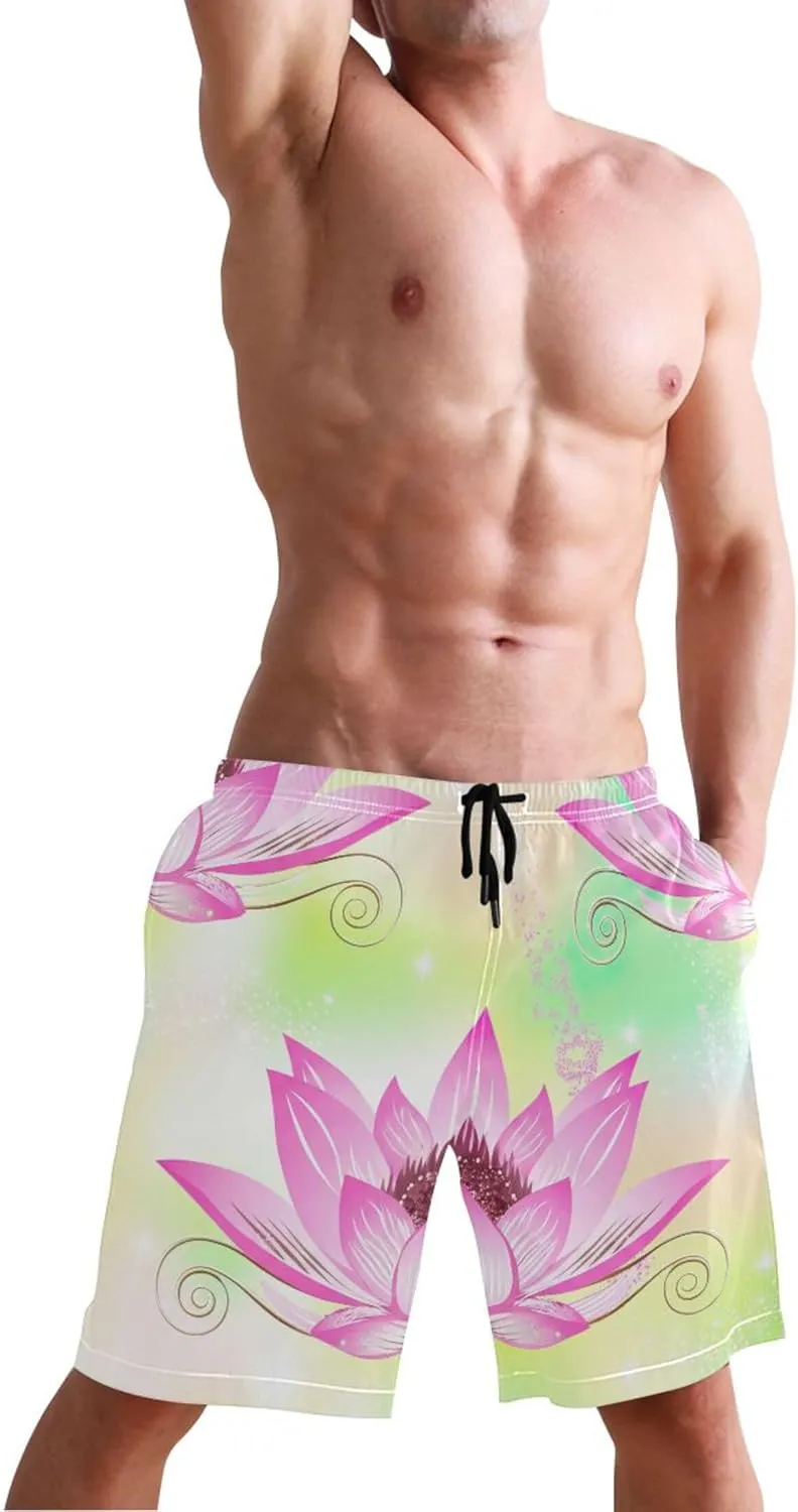 Beautiful Pink Lotus Flower Men's Swim Trunks Funny Quick Dry Elastic Waist Surf Board Swimming Shorts S