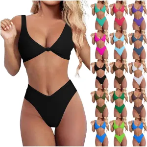 Bikini Set for Women Bathing Suit High Waisted 2024 Summer Beach Scalloped V Neck Two Pieces Swimsuits