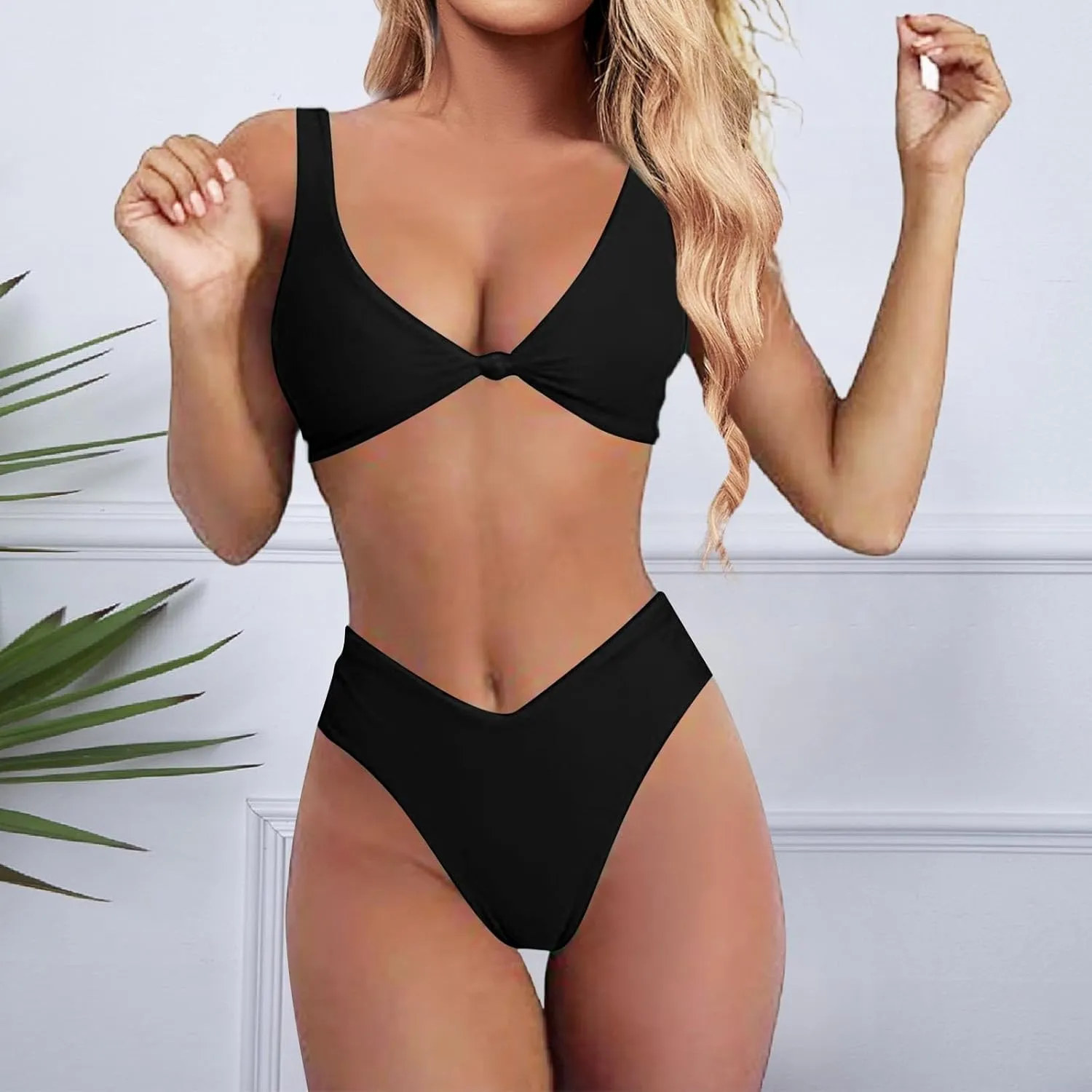 Bikini Set for Women Bathing Suit High Waisted 2024 Summer Beach Scalloped V Neck Two Pieces Swimsuits