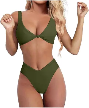 Bikini Set for Women Bathing Suit High Waisted 2024 Summer Beach Scalloped V Neck Two Pieces Swimsuits