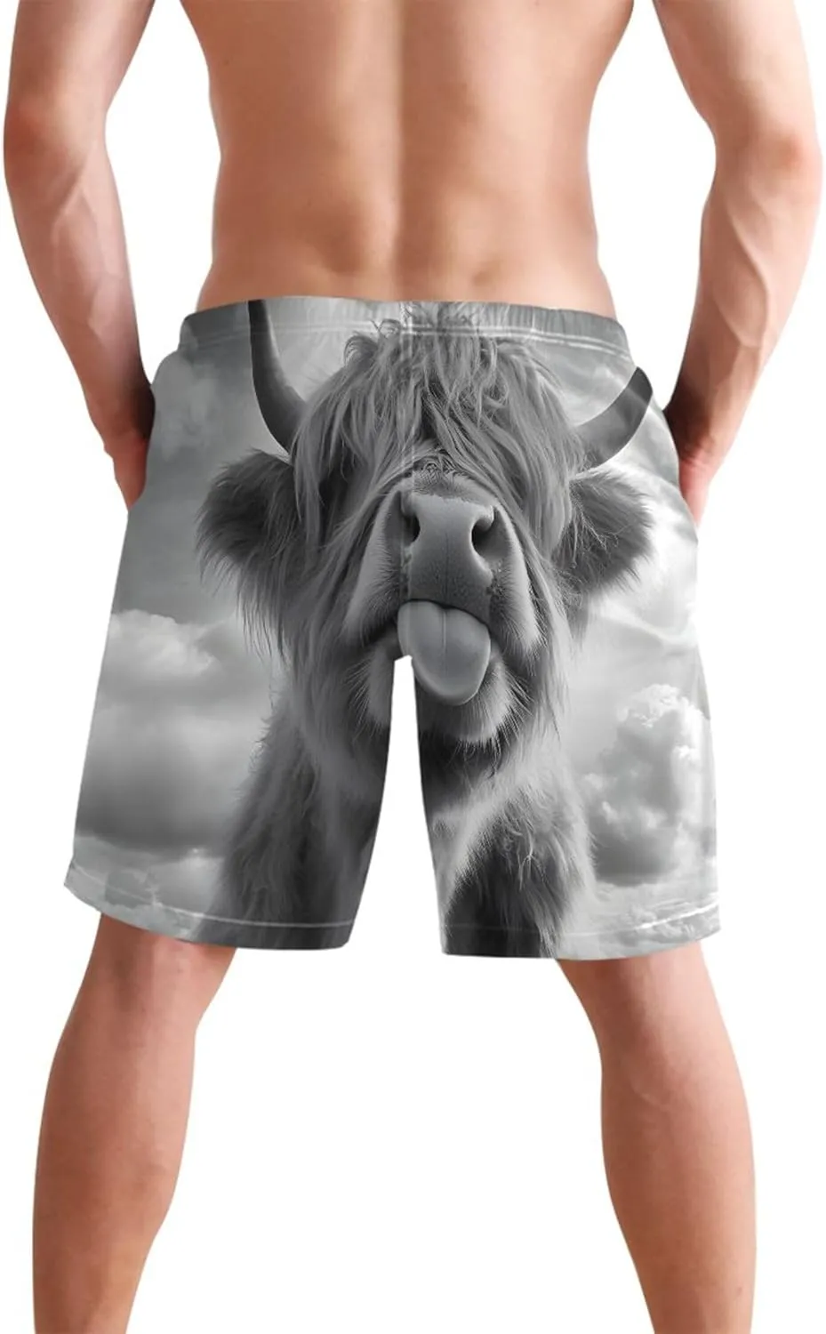 Black White Highland Cow Funny Men's Swim Trunks Funny Board Swimming Shorts Vacation Swimwear Bathing Shorts S