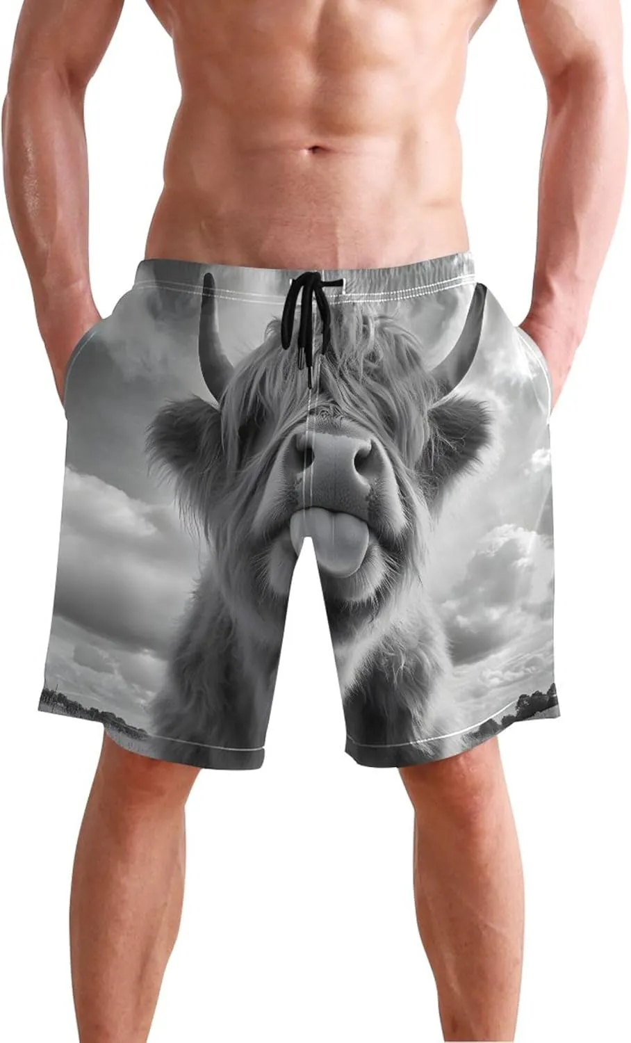 Black White Highland Cow Funny Men's Swim Trunks Funny Board Swimming Shorts Vacation Swimwear Bathing Shorts S