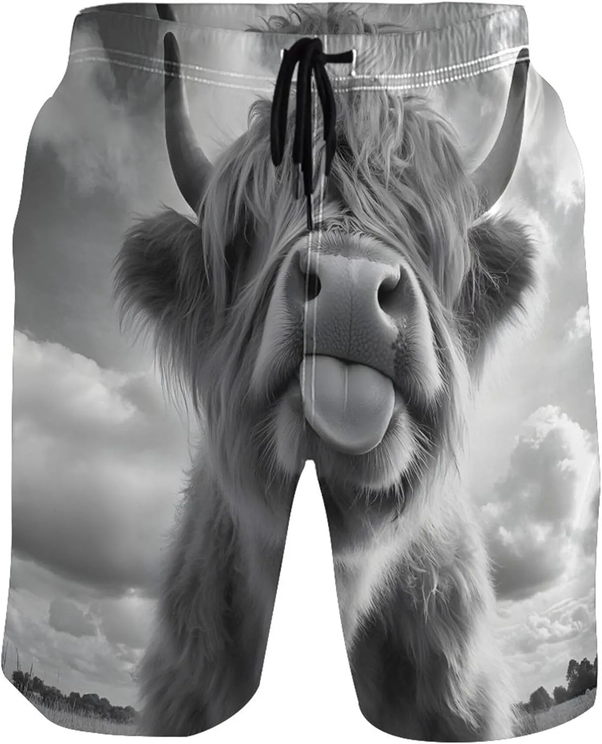 Black White Highland Cow Funny Men's Swim Trunks Funny Board Swimming Shorts Vacation Swimwear Bathing Shorts S