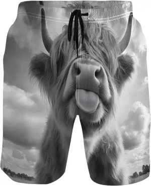 Black White Highland Cow Funny Men's Swim Trunks Funny Board Swimming Shorts Vacation Swimwear Bathing Shorts S