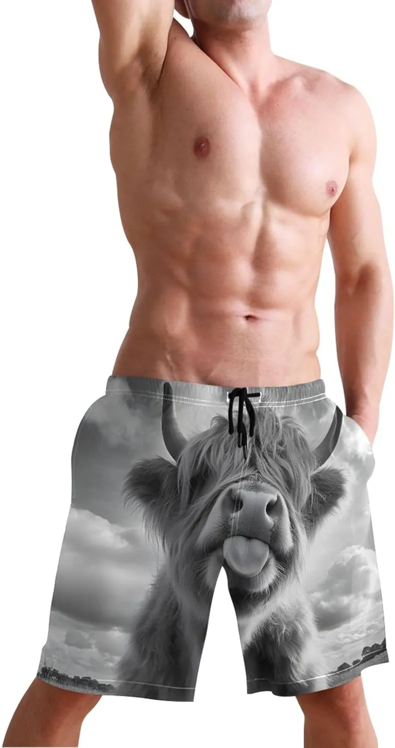Black White Highland Cow Funny Men's Swim Trunks Funny Board Swimming Shorts Vacation Swimwear Bathing Shorts S
