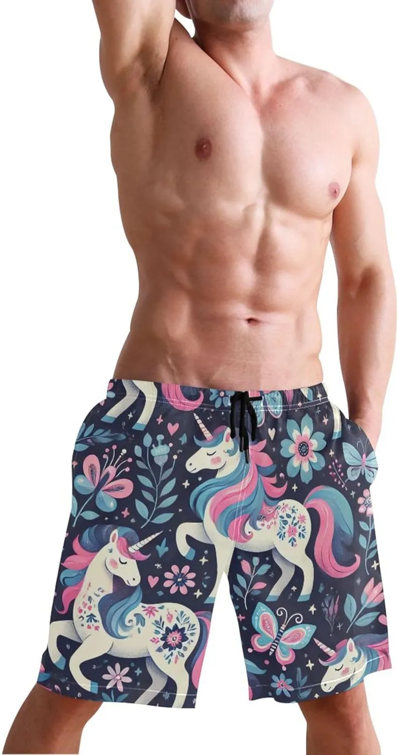 Blue Pink Unicorn Floral Mens Swimming Shorts Men's Swim Trunks Funny Hawaiian Quick Dry Elastic Shorts S