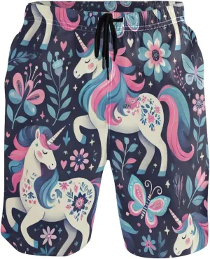 Blue Pink Unicorn Floral Mens Swimming Shorts Men's Swim Trunks Funny Hawaiian Quick Dry Elastic Shorts S