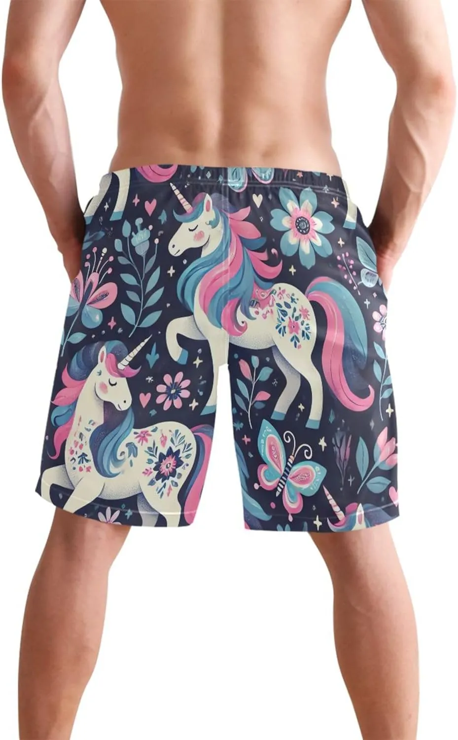 Blue Pink Unicorn Floral Mens Swimming Shorts Men's Swim Trunks Funny Hawaiian Quick Dry Elastic Shorts S