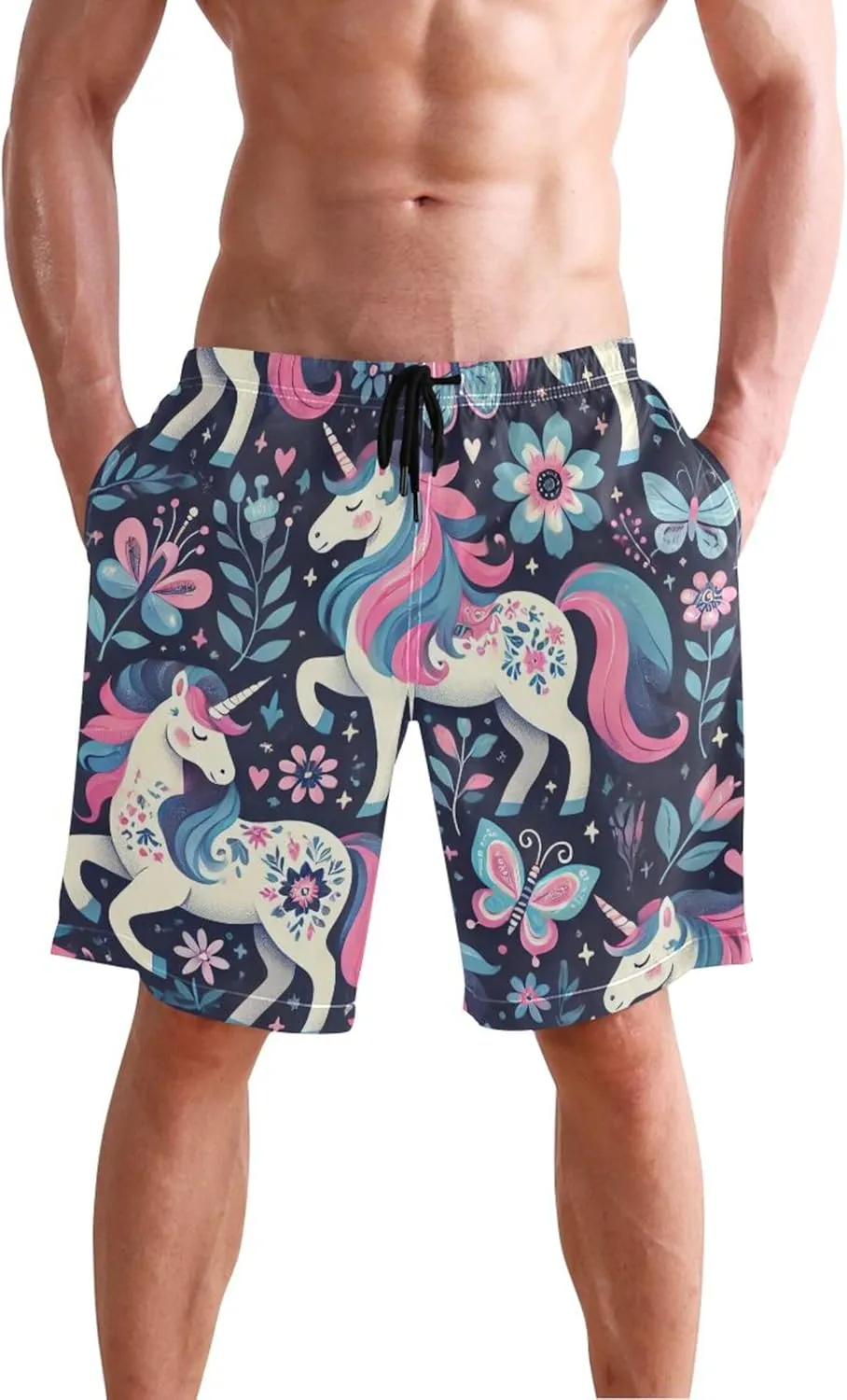 Blue Pink Unicorn Floral Mens Swimming Shorts Men's Swim Trunks Funny Hawaiian Quick Dry Elastic Shorts S
