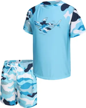 Boys Rash Guard Set for Kids Boys 2 Piece Short Sleeve Swim Shirts with Trunks Quick Dry Bathing Suits Swim Set