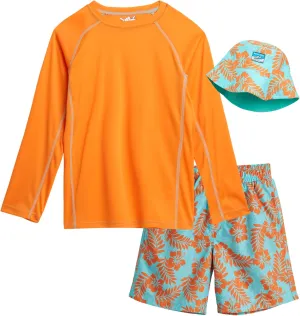 Boys' Rash Guard Swimwear Set - 3 Piece UPF 50  Long Sleeve Rash Guard Shirt, Bathing Suit, Reversible Bucket Hat (5-14)