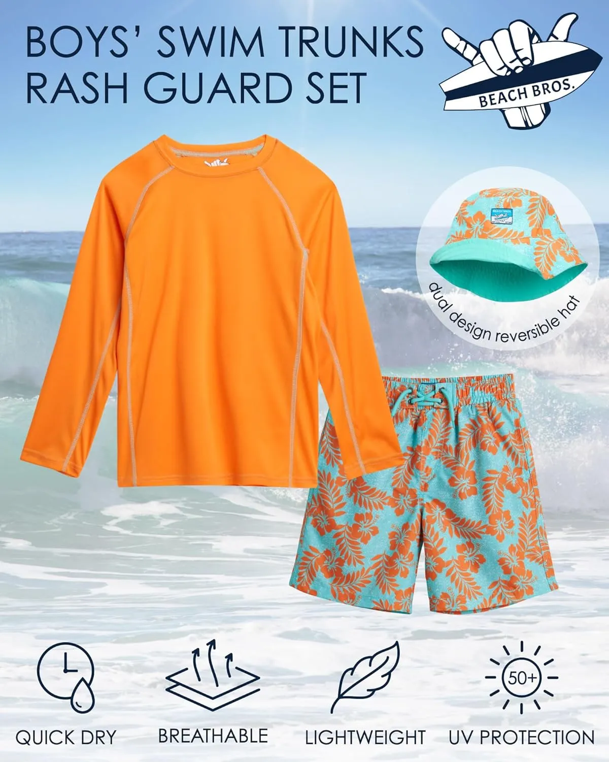 Boys' Rash Guard Swimwear Set - 3 Piece UPF 50  Long Sleeve Rash Guard Shirt, Bathing Suit, Reversible Bucket Hat (5-14)
